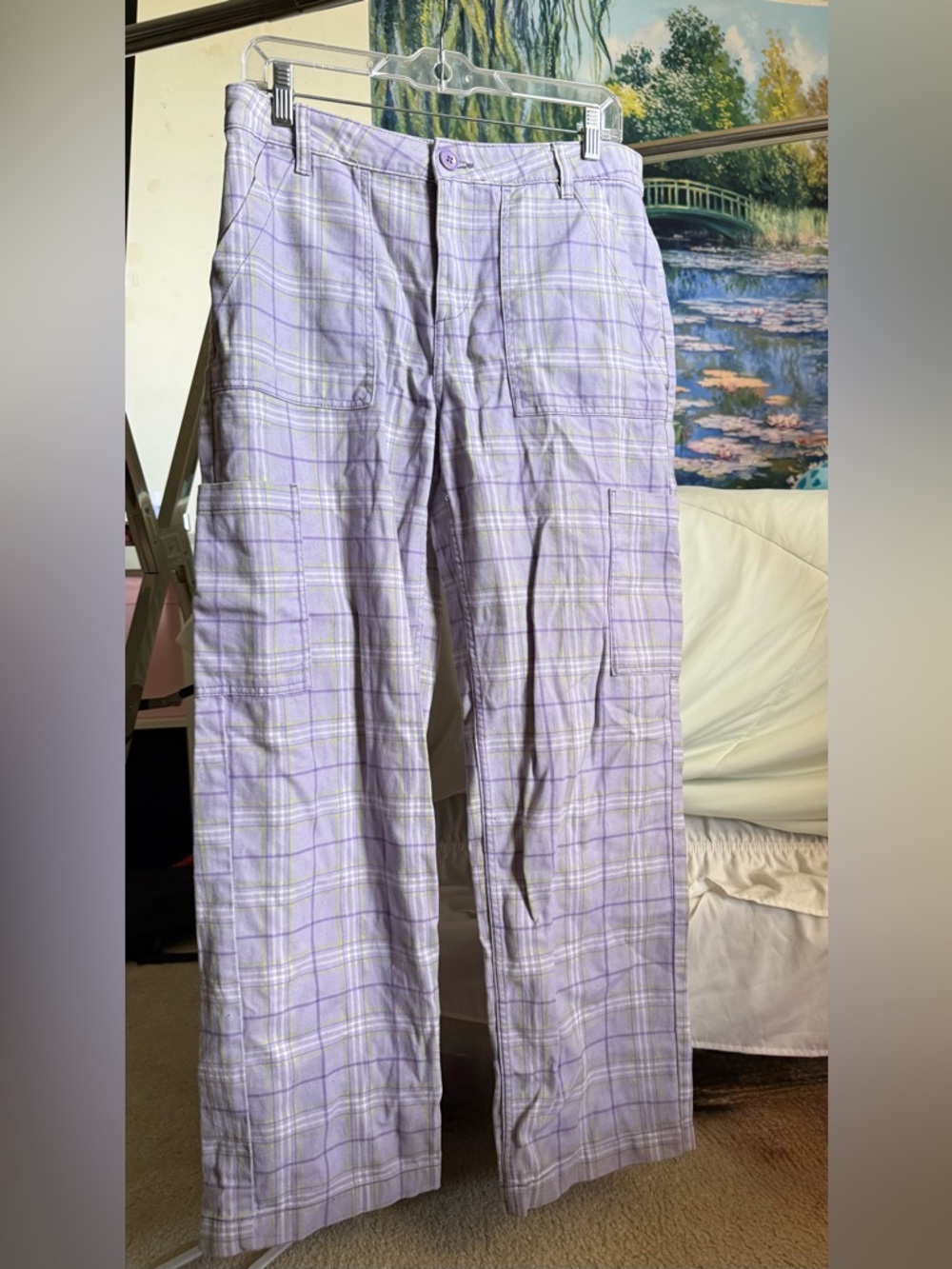 H&M Lavender Plaid Straight-Leg Cargo Pants